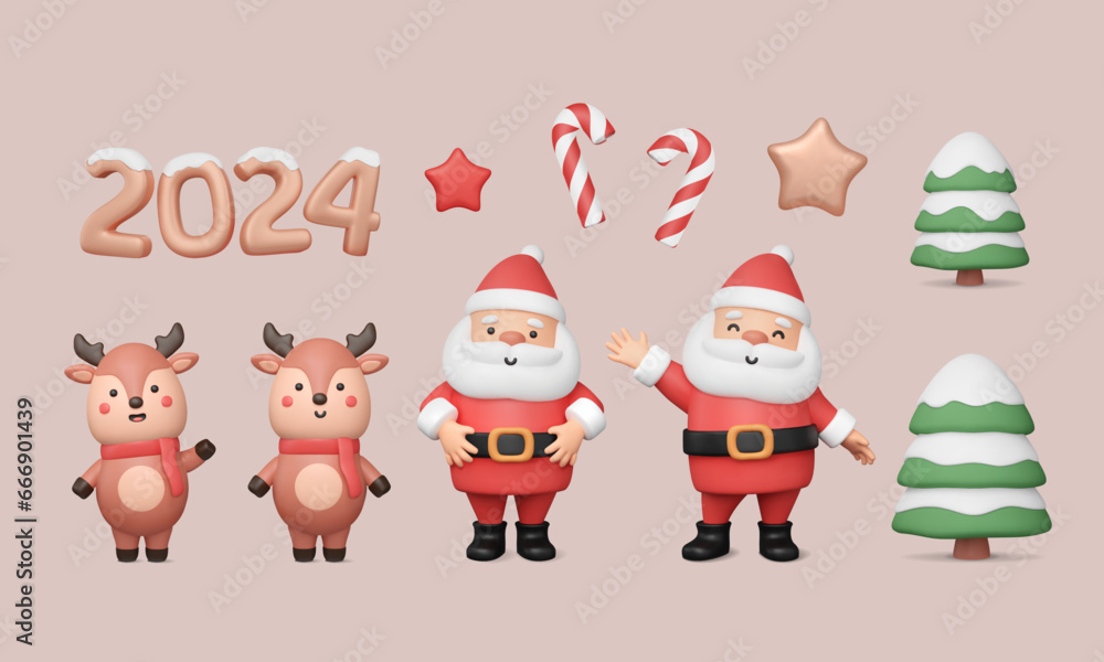 3d Christmas elements set. Cute Santa Claus, deer in various pose, man waving hand, green snow cover tree, stars, candy cane and 2024 number render. Vector illustration, cartoon New Year collection 3d Christmas elements set. Cute Santa Claus, deer in various pose, man waving hand, green snow cover tree, stars, candy cane and 2024 number render. Vector illustration, cartoon New Year collection