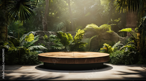 Empty Nature Podium in tropical forest background  sunlight filtering through the leaves made of natural for advertising and product presentation beauty cosmetic  food or perfume. Generative AI