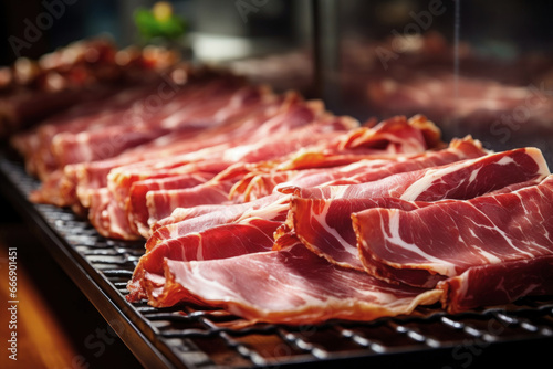 Meat processing plant. Slices of fresh bacon and mint slices on a conveyor belt in the workshop. Arrival of jamon or cold cuts. Production of pork or beef in a modern enterprise.