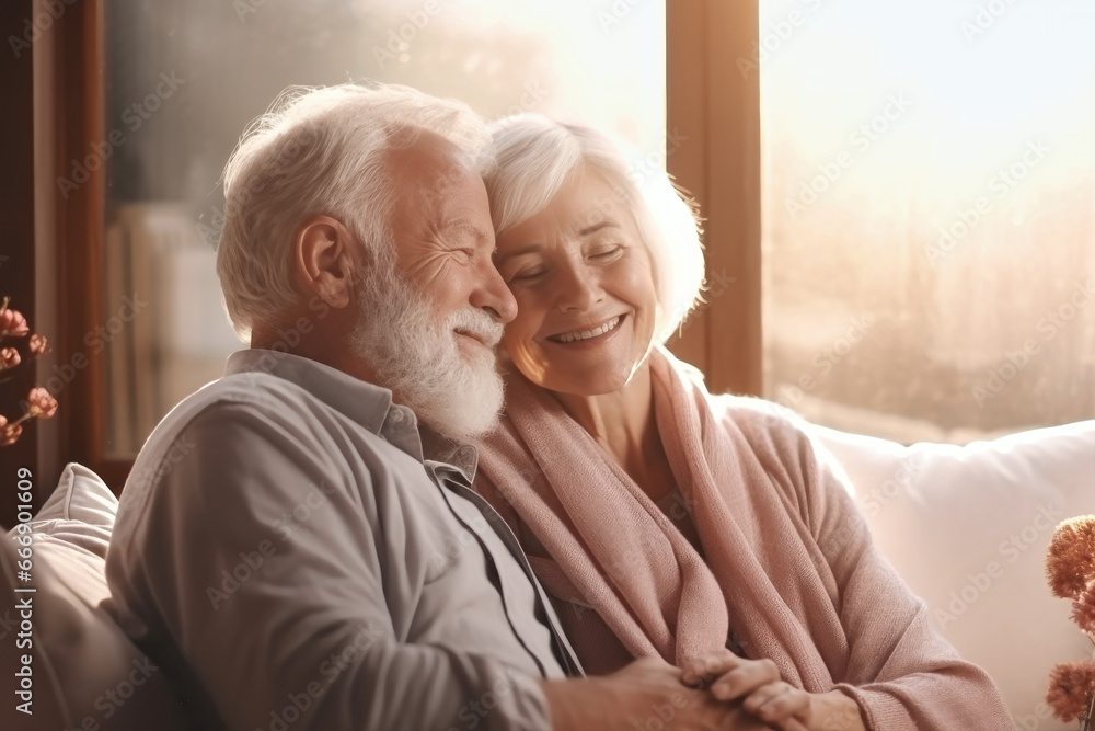 Elderly couple, husband and wife relaxing on the sofa, laughing cheerfully, joking together, happy couple hugging at home, smiling, enjoying family vacation, senior love concept. Romance. Love. Elderly couple, husband and wife relaxing on the sofa, laughing cheerfully, joking together, happy couple hugging at home, smiling, enjoying family vacation, senior love concept. Romance. Love.