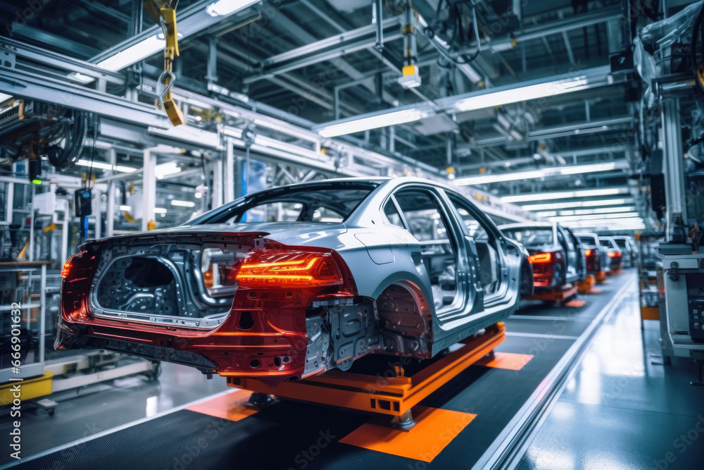 Fototapeta premium Automated assembly line for robot manipulators for the production of high-tech electric vehicles running on clean energy
