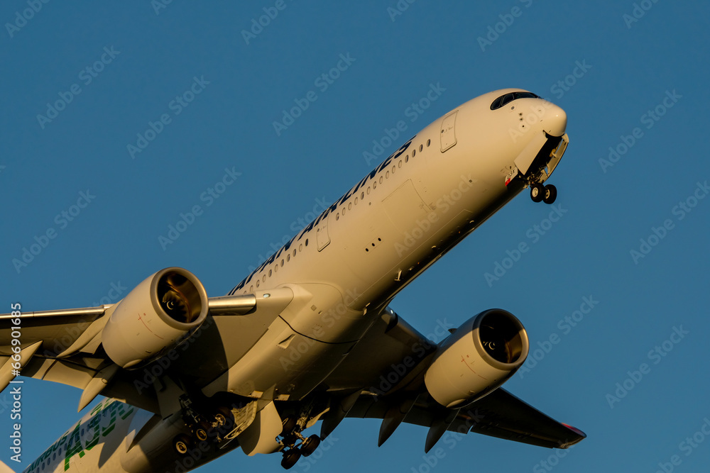 Obraz premium 夕方に離陸していく飛行機