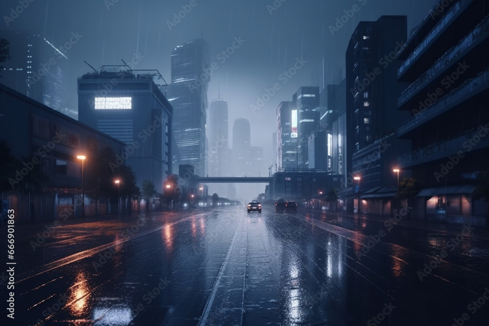 Cyberpunk neon city night, Dark rainy evening with skyscrapers