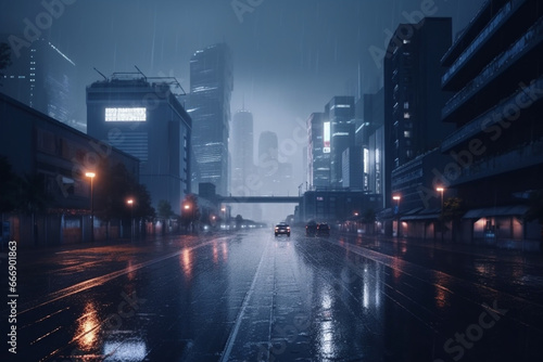 Cyberpunk neon city night  Dark rainy evening with skyscrapers