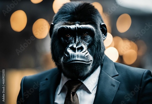 AI generated illustration of an adult male gorilla dressed in a formal suit and tie