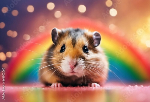 AI generated illustration of an adorable hamster on gravel, with a vibrant rainbow arching overhead