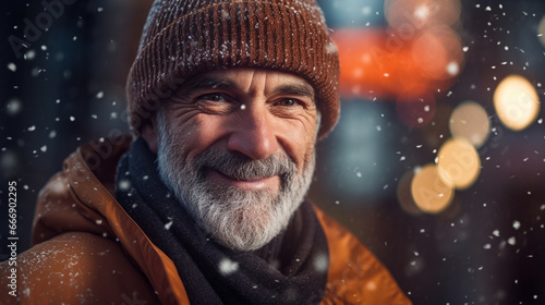portrait of a man, who is smiling in the city of winter. Generative AI