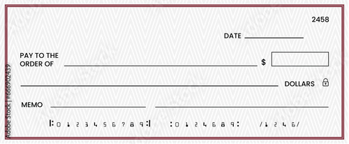 Blank bank check, checkbook cheque template or money payment paper voucher, vector mockup. Business or personal account cash pay cheque certificate or paycheck coupon from checkbook
