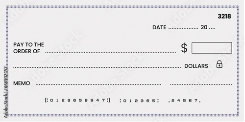 Blank bank check, checkbook cheque template or money payment paper voucher, vector mockup. Business or personal account cash pay cheque certificate or paycheck coupon from checkbook