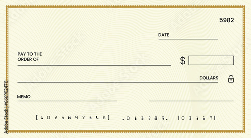 Blank bank check, checkbook cheque template or money payment paper voucher, vector mockup. Business or personal account cash pay cheque certificate or paycheck coupon from checkbook