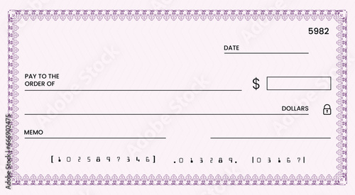 Blank bank check, checkbook cheque template or money payment paper voucher, vector mockup. Business or personal account cash pay cheque certificate or paycheck coupon from checkbook
