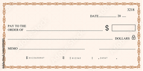 Blank bank check, checkbook cheque template or money payment paper voucher, vector mockup. Business or personal account cash pay cheque certificate or paycheck coupon from checkbook