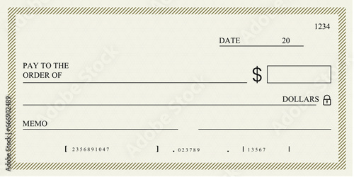 Blank bank check, checkbook cheque template or money payment paper voucher, vector mockup. Business or personal account cash pay cheque certificate or paycheck coupon from checkbook
