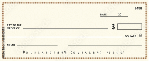 Blank bank check, checkbook cheque template or money payment paper voucher, vector mockup. Business or personal account cash pay cheque certificate or paycheck coupon from checkbook