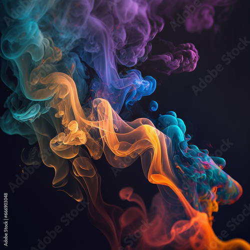Abstract design of a colorful smoke cloud. Colorful rainbow of dust particles closeup on black background.