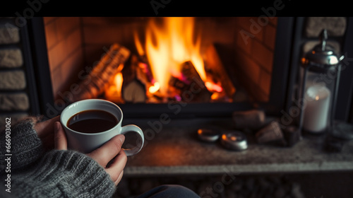 Fire in fireplace, person with cups of hot chocolate. Winter holiday, on the eve of Christmas. Banner.