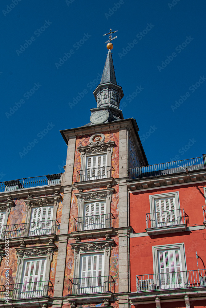 Plaza Mayor with statue of King Philip III (created in 1616) in Madrid, Spain
