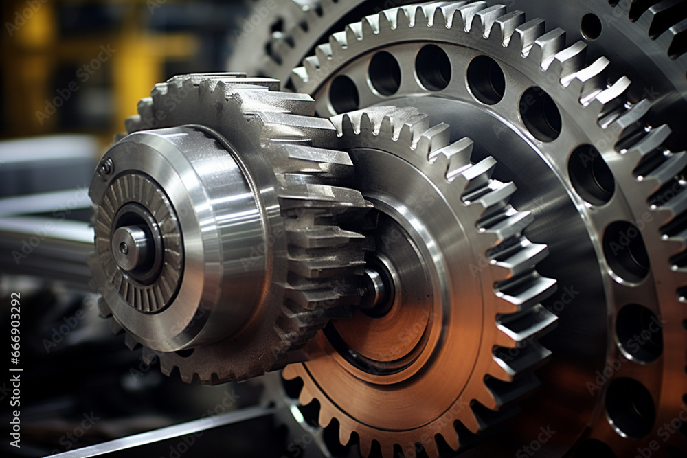 Large industrial gear-machinery idea shot against shiny titanium Large industrial gear-machinery idea shot against shiny titanium