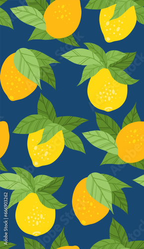 Vector seamless texture with yellow lemons with foliage on a blue background. Contrasting texture with sour fruits. Summer background