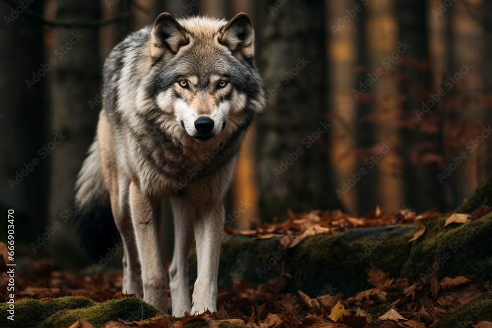 Large grey wolf looking after rivals and danger in the forest, aesthetic look Large grey wolf looking after rivals and danger in the forest, aesthetic look