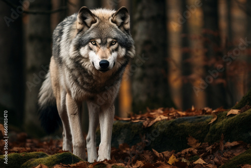 Large grey wolf looking after rivals and danger in the forest  aesthetic look