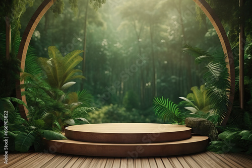 Product presentation with a wooden podium in the middle of a lush tropical forest  enhanced by a vibrant green background.3d rendering.