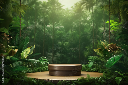 Product presentation with a wooden podium in the middle of a lush tropical forest, enhanced by a vibrant green background.3d rendering.