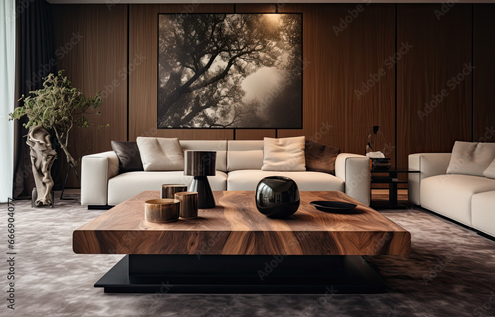 Wooden coffee table with velvet sofa. Modern living room interior design. Artistic painting hanging on the wall Wooden coffee table with velvet sofa. Modern living room interior design. Artistic painting hanging on the wall