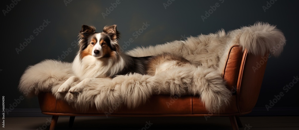 A dog on sheepskin in a Swedish armchair A dog on sheepskin in a Swedish armchair
