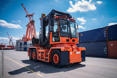 Large forklift-truck lifting container, close-ups, in commercial port, no trademarks