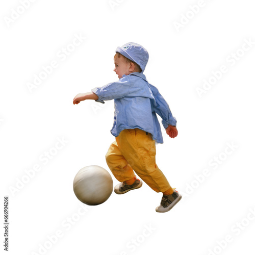 The child is trying to score a goal with the yellow ball on the soccer field, isolated on white background. . Kid aged about two years (one year eleven months)