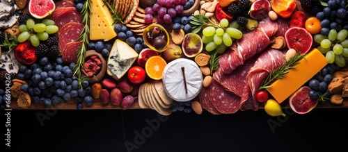 Colorful boards with fruit meat and cheese