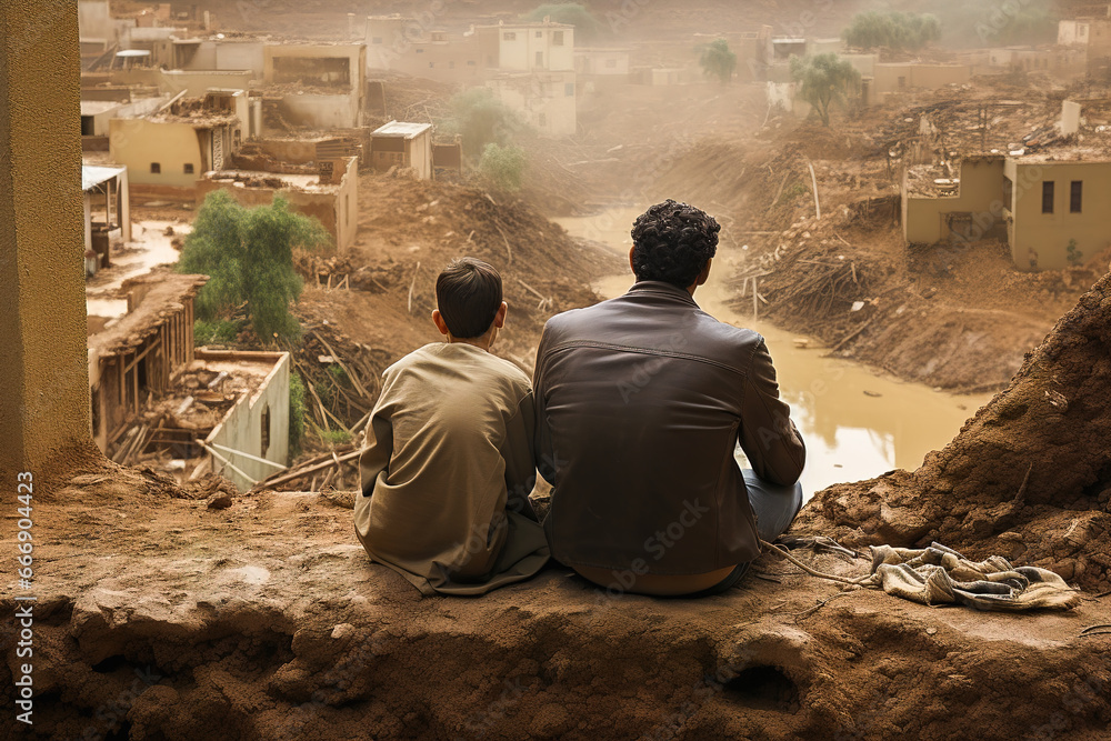 A father and son sit outside a destroyed house. The concept is natural disaster, military action.