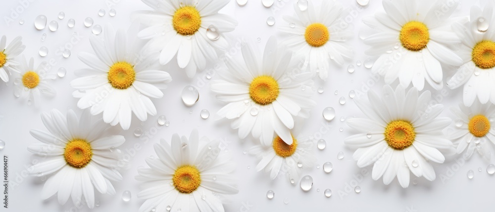 White banner with daisies and water drops White banner with daisies and water drops