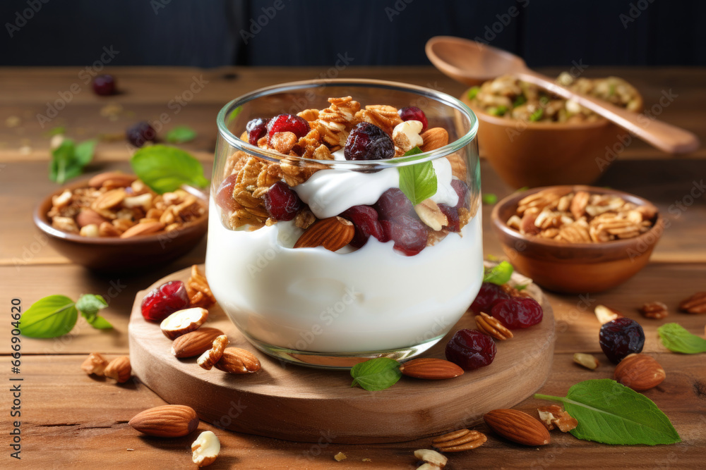 Granola with yogurt and nuts and dried cranberries in a glass glass