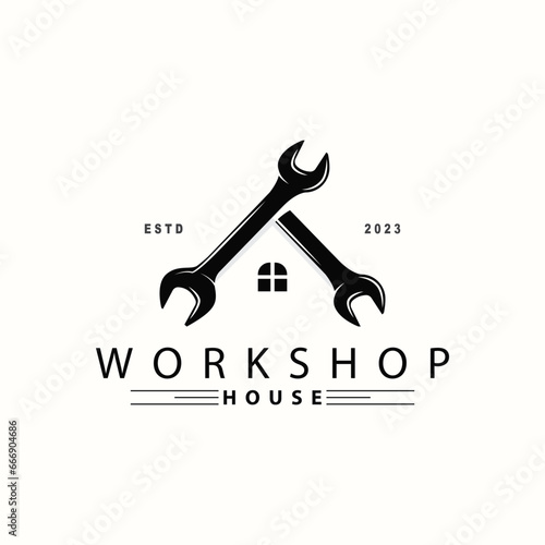 Repair Workshop Logo, Simple Key and Gear Design for a Simple Vehicle Repair Business, Vector Templet Illustration