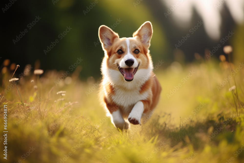 A corgi dog runs through the autumn forest A corgi dog runs through the autumn forest