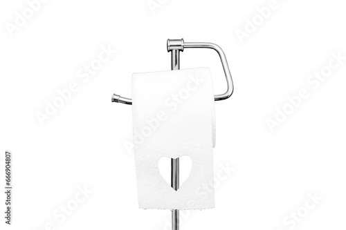 Heart carved in toilet paper, copy space for text, isolated on a white background. Toilet paper on a black stone wall background