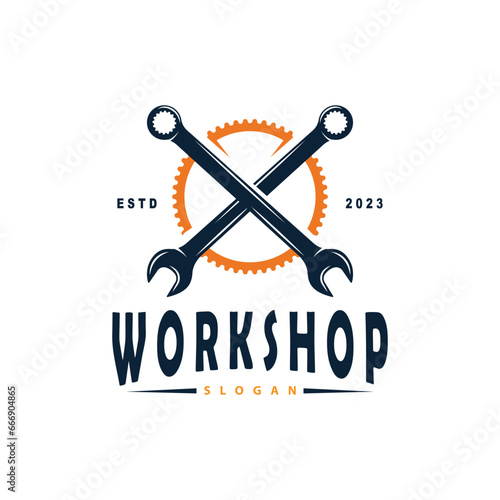 Repair Workshop Logo, Simple Key and Gear Design for a Simple Vehicle Repair Business, Vector Templet Illustration