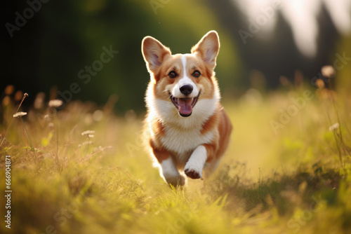 A corgi dog runs through the autumn forest