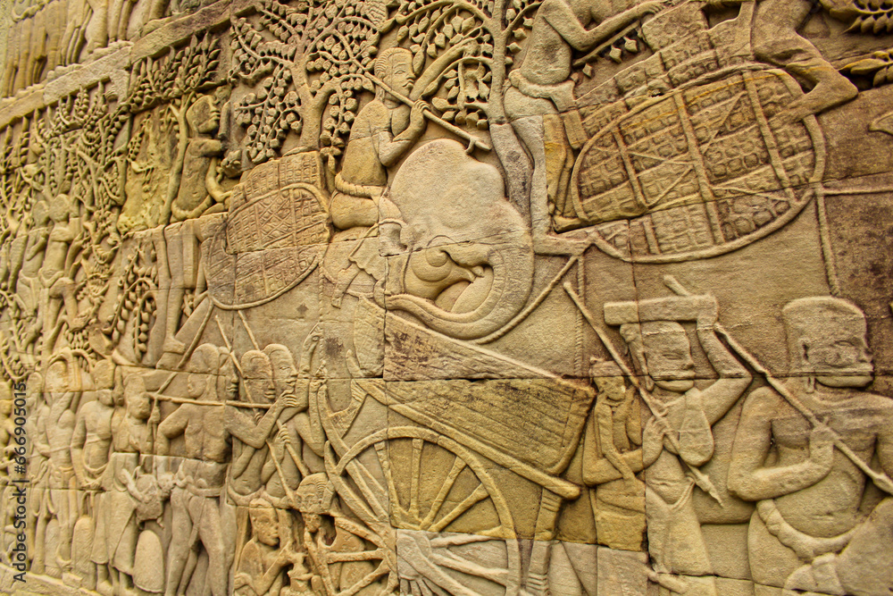 Bas relief sculpture, elephant charging into battle, Angkor Thom, Seam Reap. Bas relief sculpture, elephant charging into battle, Angkor Thom, Seam Reap.