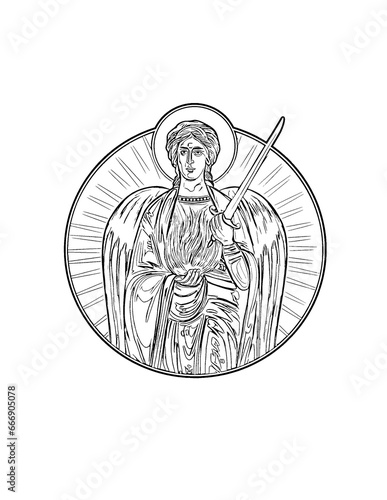 Archangel Uriel. Coloring page in Byzantine style on white background © Julia