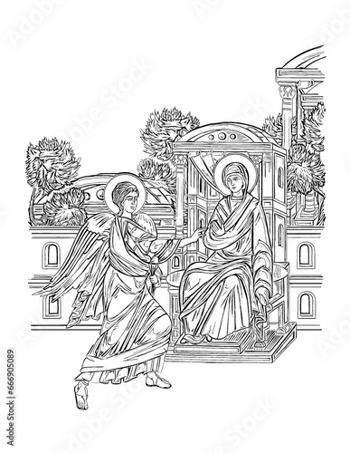 Annunciation to the Blessed Virgin Mary. Coloring page in Byzantine style on white background