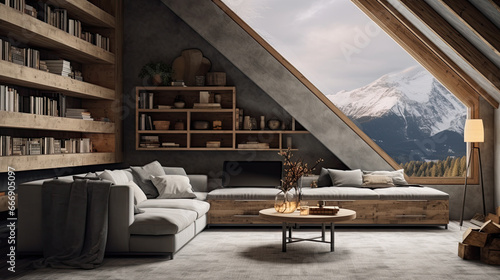 Scandinavian home interior design of a modern living room in a attic of a mountain villa in the Alps.