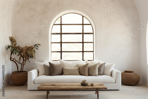 Minimalist rustic interior design of a modern living room. White sofa with light orange stucco wall, arched window