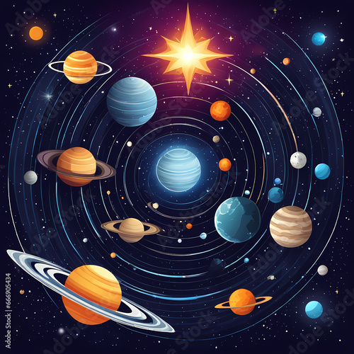 A cosmic scene with planets and stars, leaving room for an interstellar message.