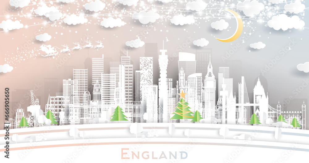 England. Winter City Skyline in Paper Cut Style with Snowflakes, Moon and Neon Garland. Christmas, New Year Concept. Cityscape with Landmarks. Bristol. Leeds. Sheffield. London. - obrazy, fototapety, plakaty 