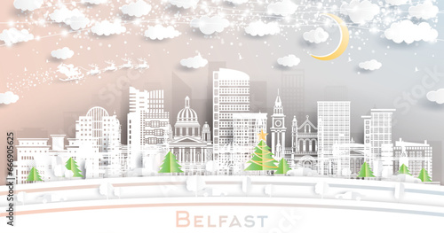 Belfast Northern Ireland. Winter City Skyline in Paper Cut Style with Snowflakes, Moon and Neon Garland. Christmas, New Year Concept. Belfast Cityscape with Landmarks.