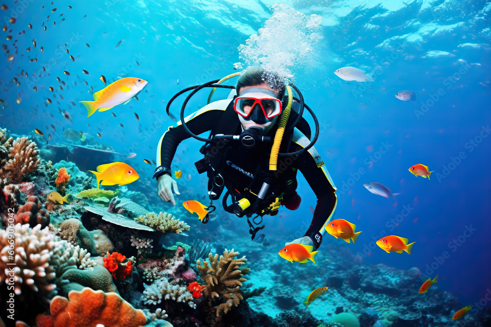 custom made wallpaper toronto digitalScuba diver swimming underwater with colorful tropical fish and corals.