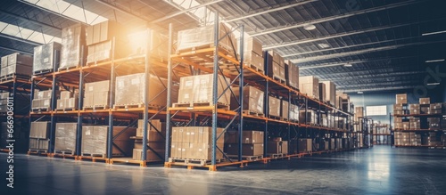 Warehouse interior with selective focus and toned image presented as a horizontal banner